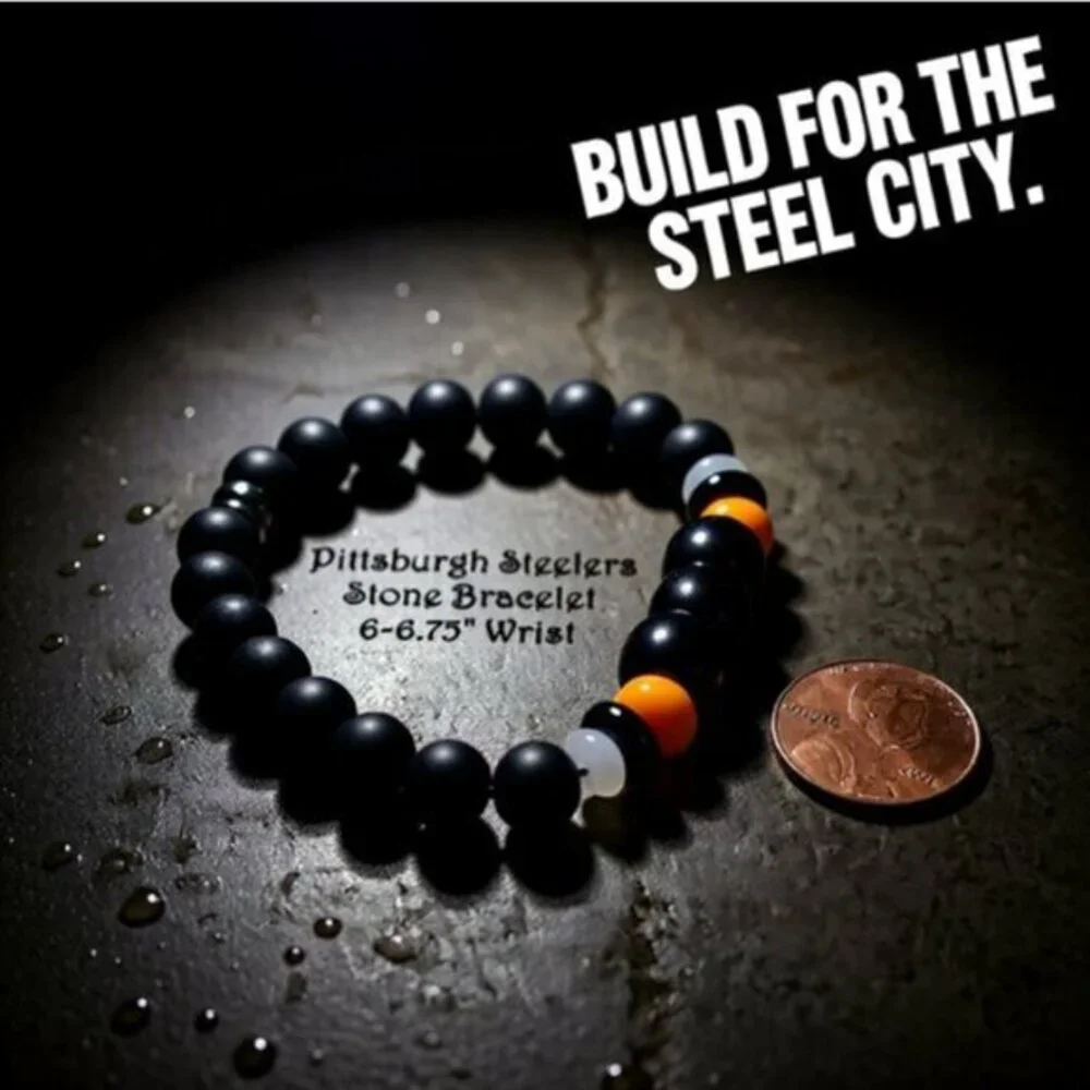 Pittsburgh Steelers Fan Bracelet • Black Agate • Teen Boys Girls Unisex 6.75